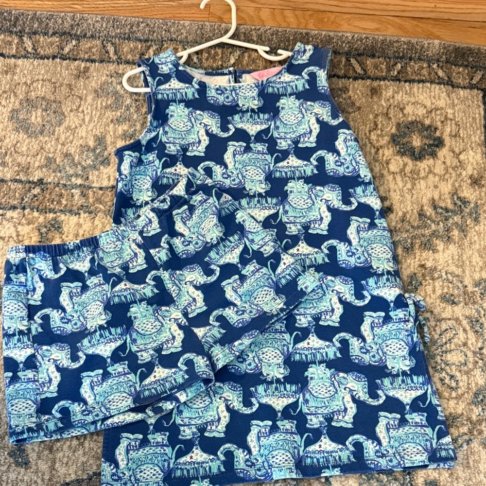 Lilly Pulitzer Navy and Aqua Elephant Print Kids Romper set